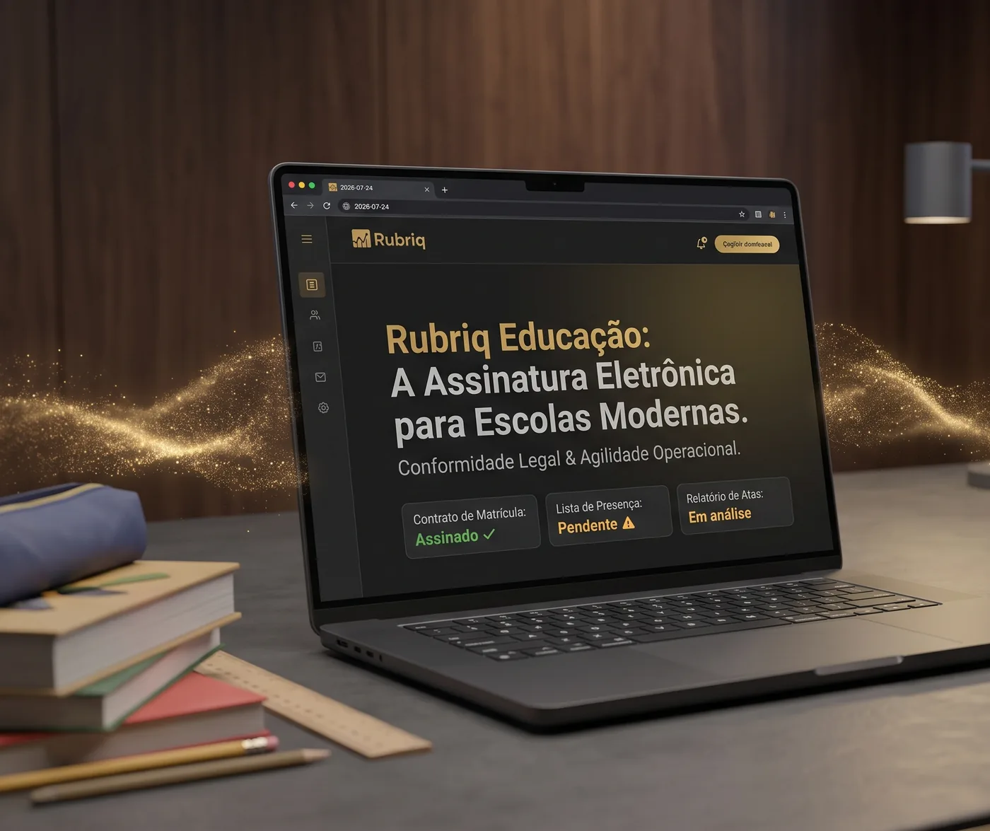 Painel da Rubriq para escolas mostrando contrato de matrícula assinado, lista de presença pendente e relatório de atas em análise, sobre uma mesa com livros escolares.