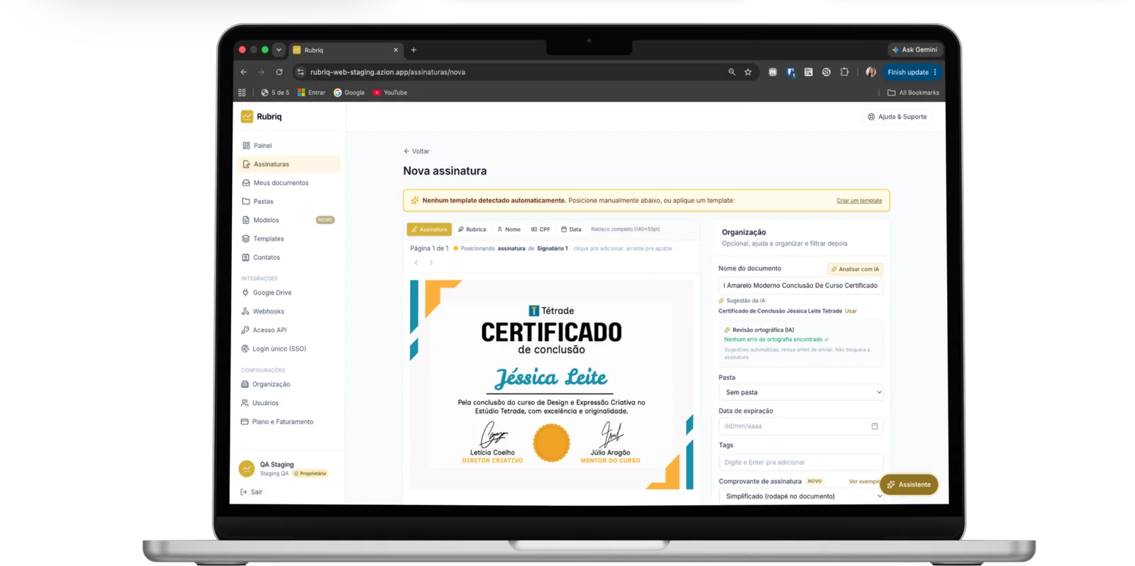 Tela do Rubriq para criar uma nova assinatura, com sugestões da IA e trilha de auditoria.