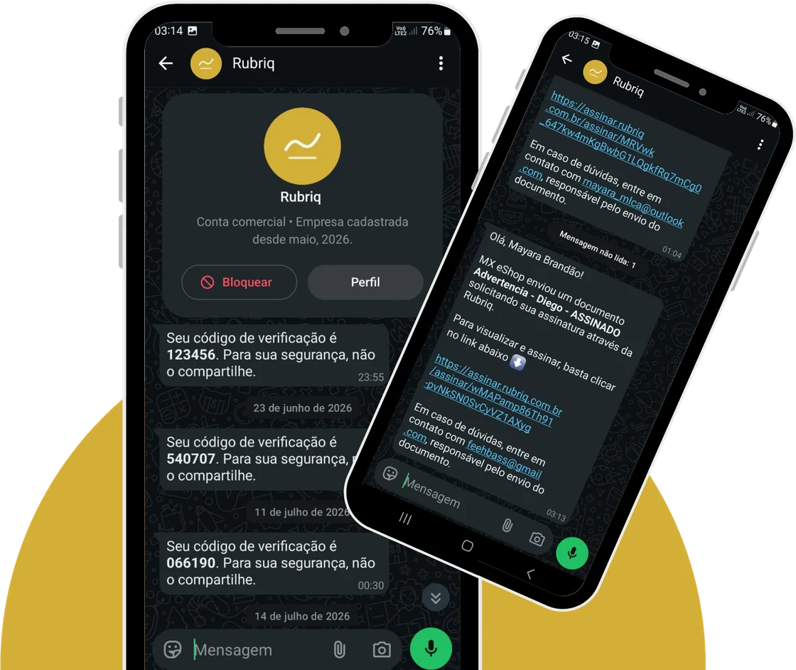 Conversa no WhatsApp com a conta comercial da Rubriq: mensagens com o código de verificação e o convite com o link para assinar o documento.